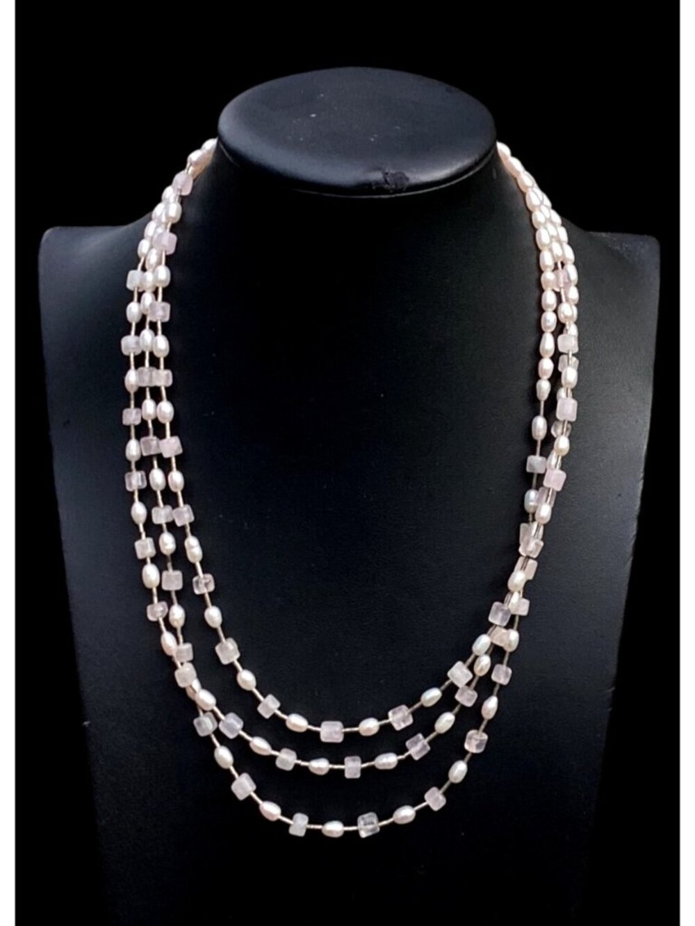 Handmade Triple Strand Rice Pearl Liquid Silver and Rose Quartz Bead Necklace